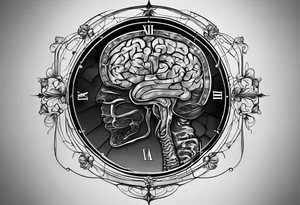 give me panes of glass that each have an image of the dissected brain but in each pane have a variant of music, mathematical, and computational images. tattoo idea