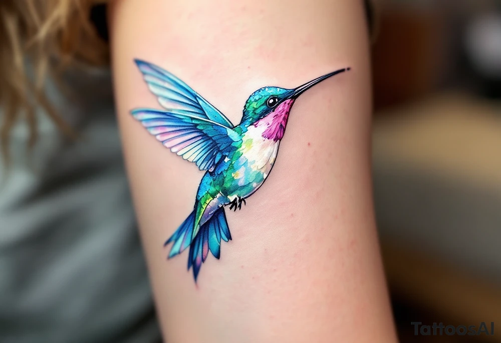 A emerald and sapphire hummingbird in mid-flight, its iridescent feathers shimmering in shades of green, blue, and hints of violet. Its delicate wings are spread wide, capturing intricate details of each feather with a slight motion blur. The hummingbird’s long, slender beak reaches toward a soft pink hibiscus flower, with tiny droplets of nectar visible. tattoo idea