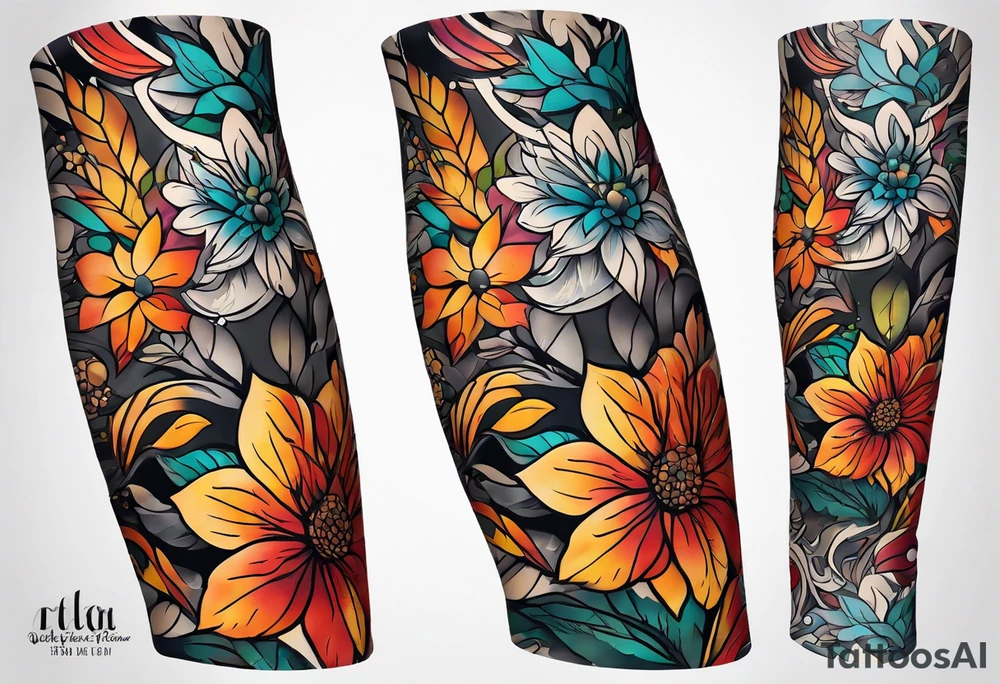 Arm Sleeve Tattoo with fall colors flat tattoo idea