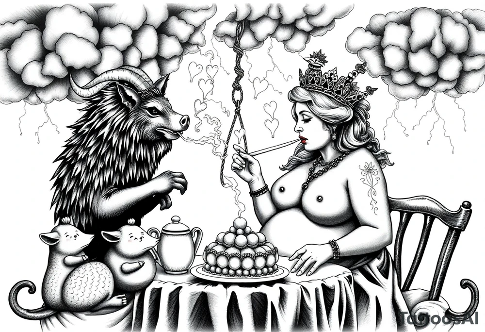 Storm lightening clouds gothic sexy naked fat lady having a tea party with tea pots and 
with a pig, peacock, noose, lion, goat, smoking cigerettes looking in the mirror having sex with a man eating a cake thru storm clouds with razor blades and broken hearts and darkness and wrath, envy , gluttony, greed, sloth, pride kill tattoo idea