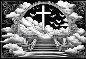 A heavenly stairway to heaven with clouds with a cross with two doves and Bible verse tattoo idea