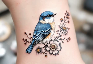 Puffy bluebird surrounded by wild flowers tattoo idea