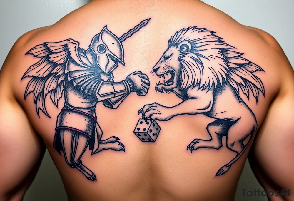 Knight and lion fighting rolling dice tattoo idea