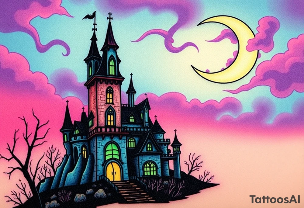 Tim Burton’s disney sleeping beauty’s haunted castle is abandoned and dripping with muted reds, dusty pinks, and eerie green glow.purple and cyan smokey clouds swirl in the crescent moonlit sky thats sprinkled with stars tattoo idea tattoo idea