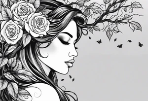 Mother Nature side profile. She has her hands in front of her with roses falling out of them. She had roses branches and leaves intertwining in her hair. Black and white tattoo idea