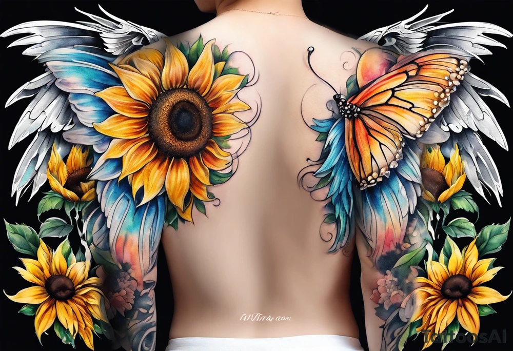Sleeve with angel wings, sunflower and butterfly tattoo idea