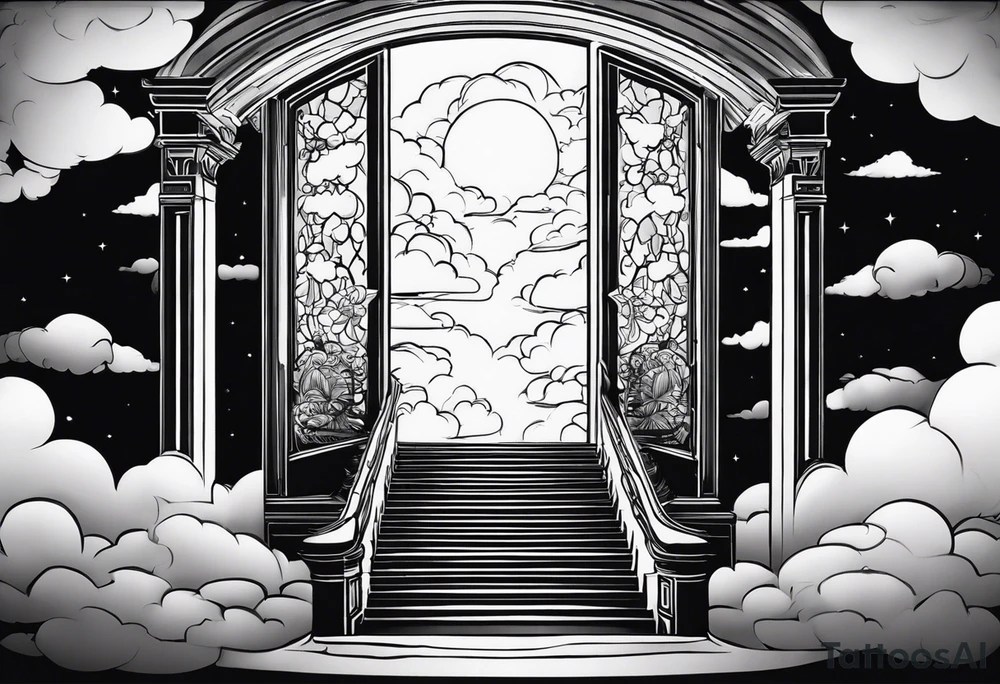 Staircase that leads through the clouds to heaven and ends at the gates of heaven. At the end there is a bright light tattoo idea