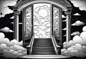 Staircase that leads through the clouds to heaven and ends at the gates of heaven. At the end there is a bright light tattoo idea