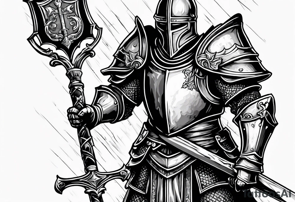 knight holding a bible over his head in combat tattoo idea