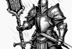 knight holding a bible over his head in combat tattoo idea