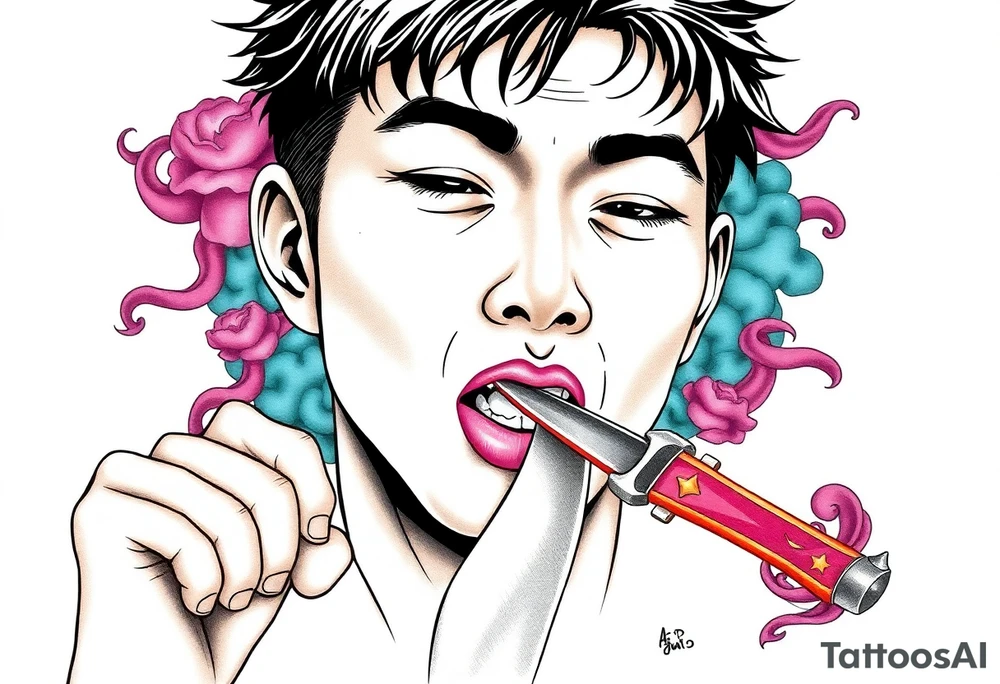 Handsome Asian young guy is licking a ritual knife tattoo idea