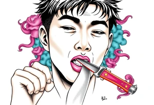 Handsome Asian young guy is licking a ritual knife tattoo idea