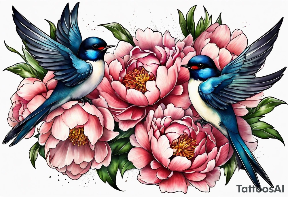 Two swallows with peonies tattoo idea