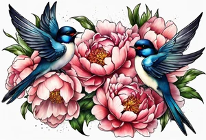 Two swallows with peonies tattoo idea