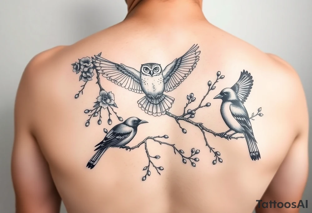 a fineline rowan tree branch with berries and florals. The florals should be large and the branches should have berries. add an owl in flight, plus two other large birds (magpies) that are entwined in the branches tattoo idea