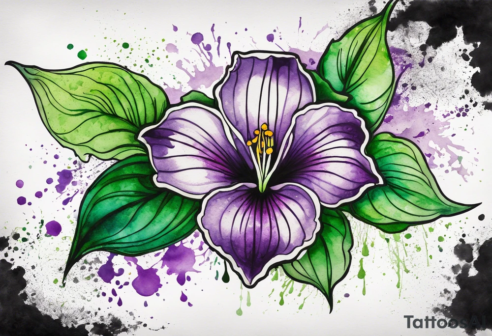 A mystical outline of a green and purple rio dipladenia flower and a green and purple watercolor splash in the background tattoo idea