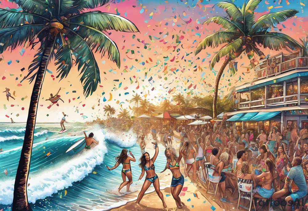 SURFING SAFARI BEACH DANCE 
PARTY WITH CONFETTI AND MUSIC NOTES, TROPICAL DRINKS, SEXY BIKINIS tattoo idea