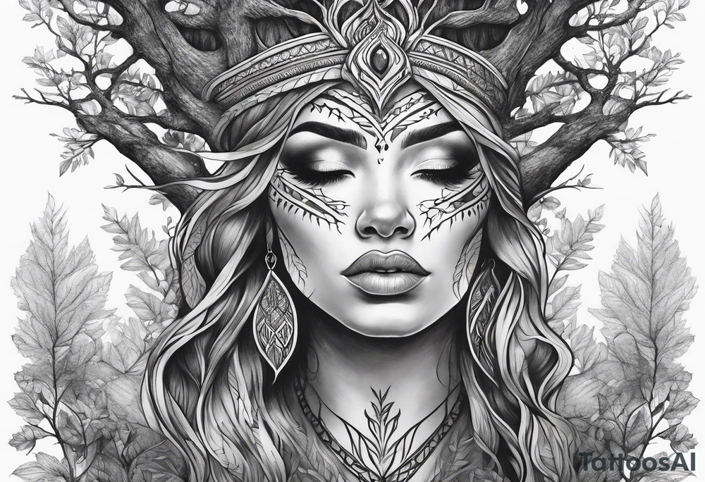 Forest goddess looking down tree branches forming into her face tattoo idea