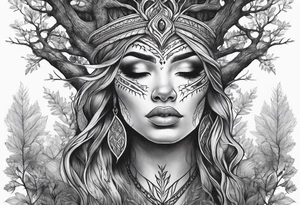 Forest goddess looking down tree branches forming into her face tattoo idea