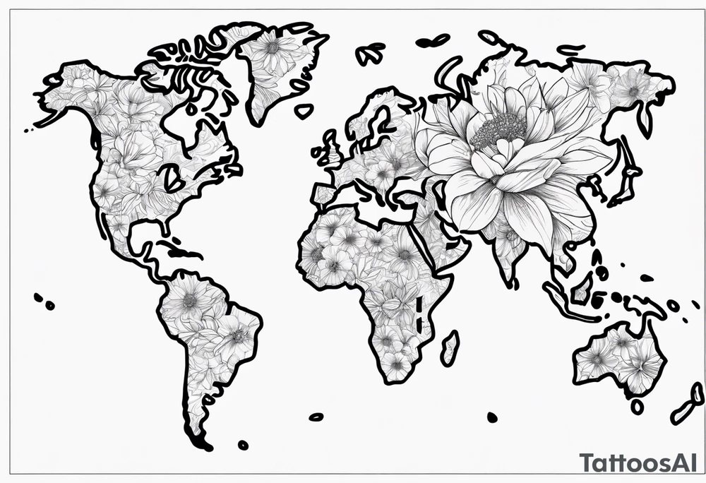 World map with floral design tattoo idea