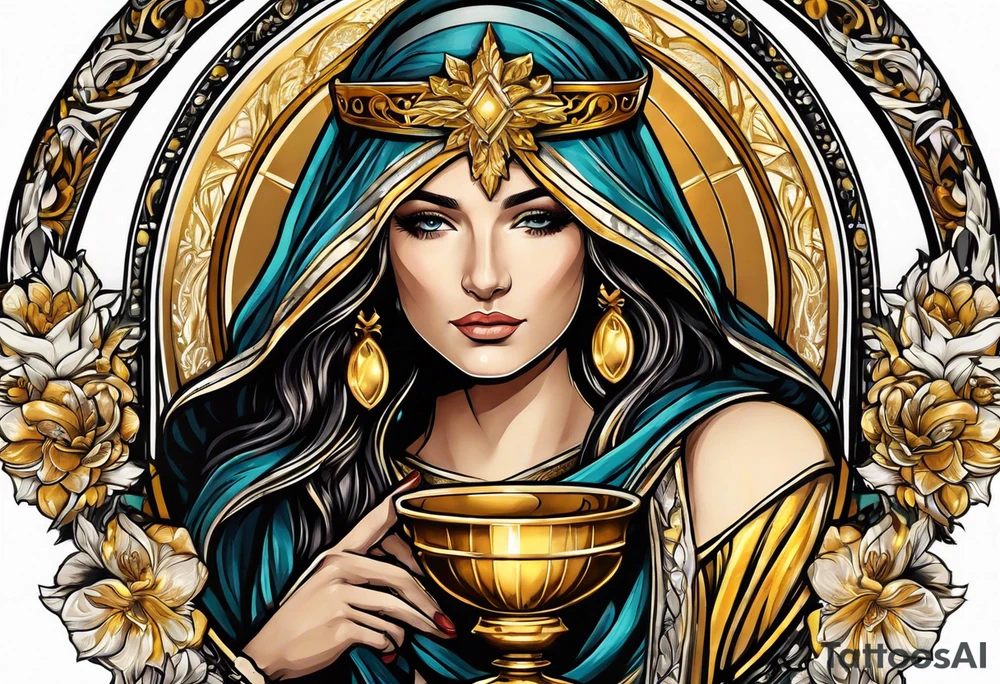 woman saint holding chalice surrounded by golden halo tattoo idea
