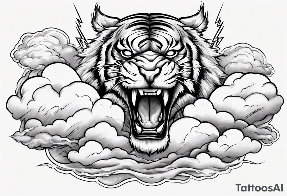 A thunder god tiger forearm tattoo, with lightning and clouds filling the area tattoo idea