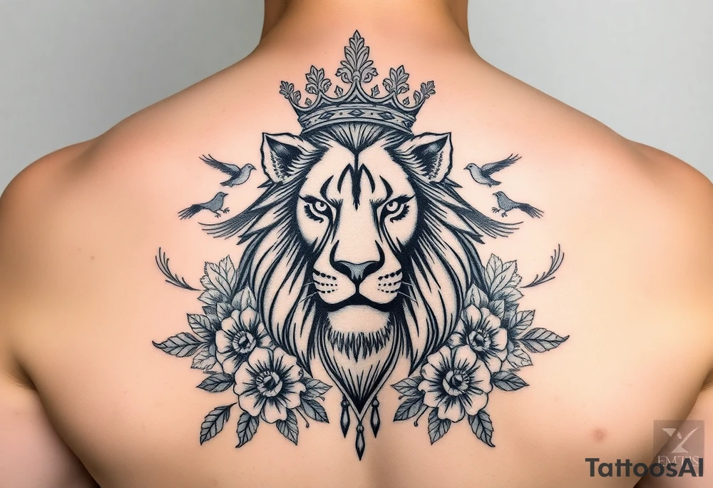 powerful majestic lion with a crown, surrounded by floral ornaments and birds tattoo idea