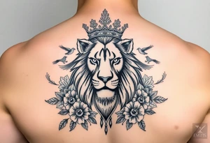 powerful majestic lion with a crown, surrounded by floral ornaments and birds tattoo idea