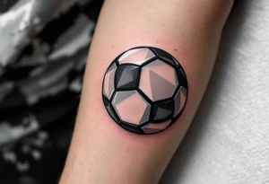 A geometric-style soccer ball made of interlocking black, gray, and metallic silver triangles. tattoo idea