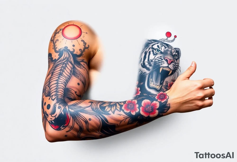 Full arm sleeve, one koi fish, one tiger, the sun, cherry blossom filler, beautiful tattoo idea