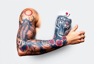 Full arm sleeve, one koi fish, one tiger, the sun, cherry blossom filler, beautiful tattoo idea