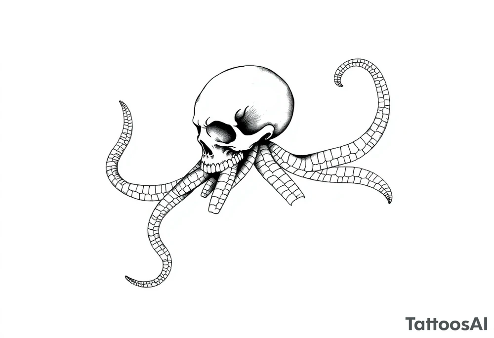 A minimalist blackwork tattoo design of a kraken with a skull fused into its head. The kraken is viewed from a 45-degree angle facing left, with its head centered and occupying 90% of the height of the head portion of the design. The tentacles extend only to the left and right, with none going downward beneath the head. The tattoo is designed to flow from the inner bicep into the forearm, creating a balanced and dynamic composition. The style is clean, fine-line detailing with bold outlines, avoiding heavy shading. The tentacles should be fluid, aggressive, and striking, enhancing the menacing and eerie look of the kraken while maintaining a cohesive design for a tattoo sleeve. tattoo idea