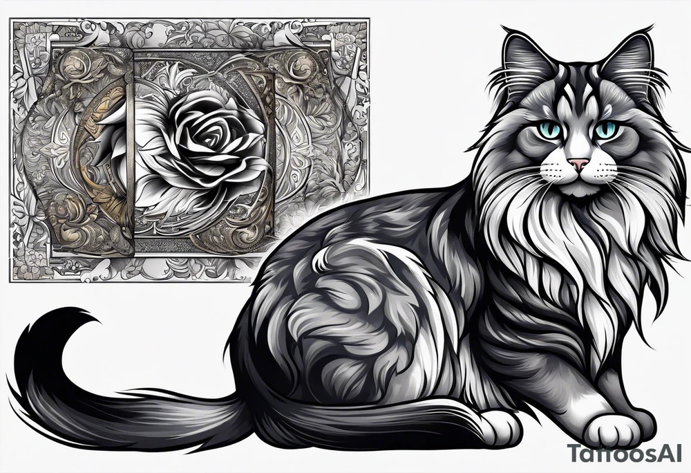 Long hair cat, regal, face gray and white fur tattoo idea