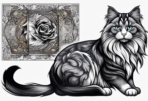 Long hair cat, regal, face gray and white fur tattoo idea