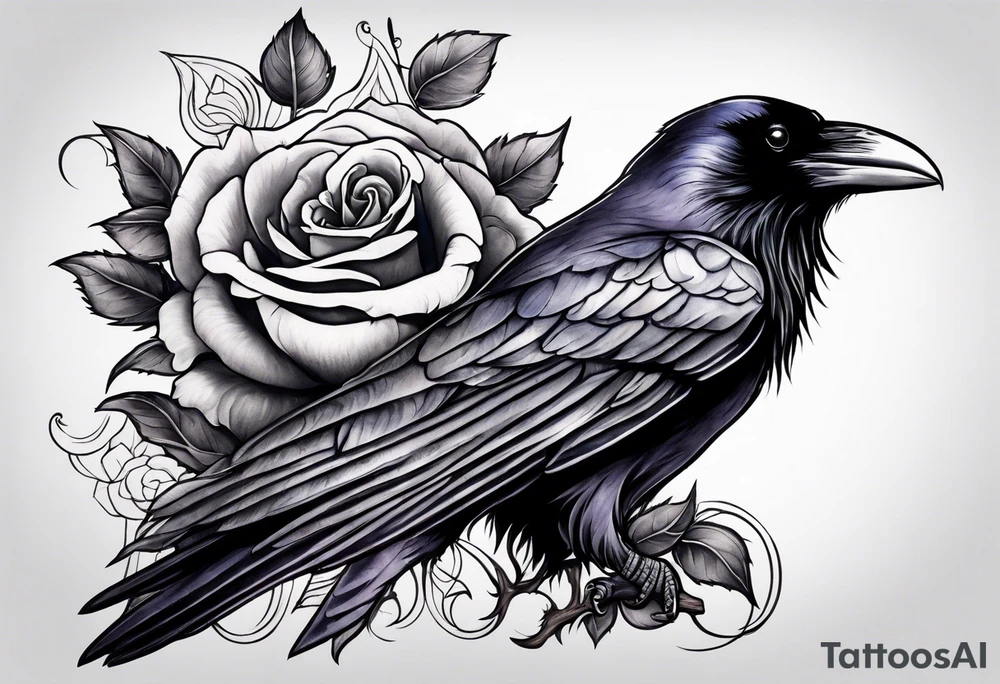 Raven holding  rose   by stem tattoo idea