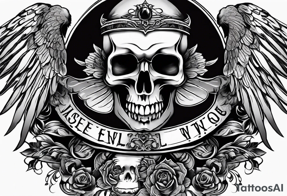 See no evil hear no evil speak no evil  skulls go down the back with angel wings wrapped around the skulls tattoo idea
