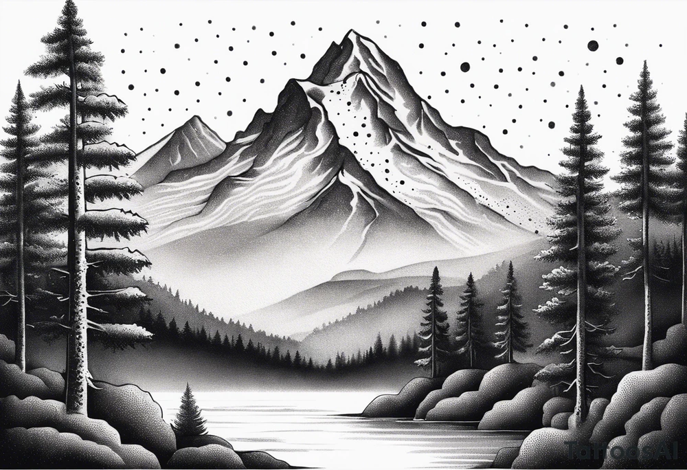 A snow capped mountain with pine trees and a river flowing to the right tattoo idea