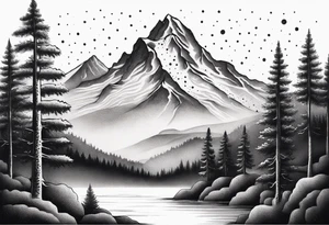 A snow capped mountain with pine trees and a river flowing to the right tattoo idea