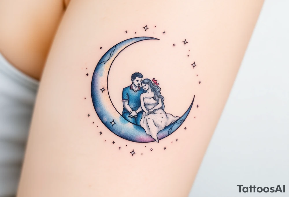 A crescent moon with a couple sitting together, wrapped in a starry sky. The moon is softly glowing with shades of silver and pale gold, with intricate dotwork creating a shimmering effect. Surrounding the moon, tiny stars twinkle in varying shades of soft blue, white, and silver, adding depth and magic to the design. The couple is outlined in minimalistic line work, with gentle shading to create a serene and intimate atmosphere. tattoo idea