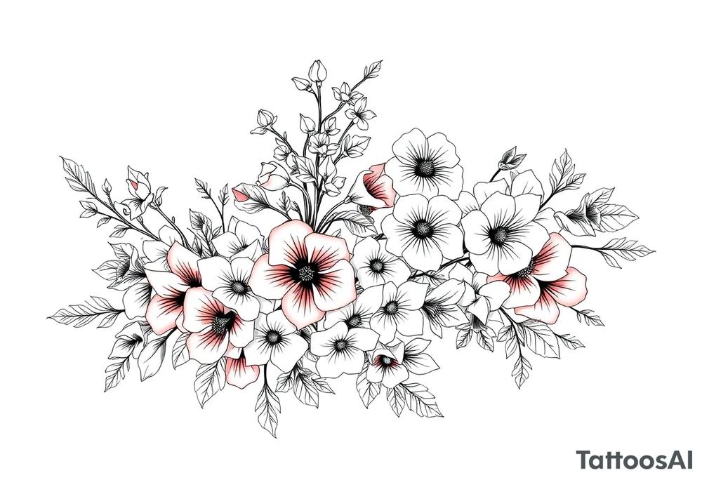 Full sleeve tattoo design of larkspur and hawthorn flowers, highly detailed line art, RED ink, elegant botanical style, intertwined composition, no shading, no human mock-up, clean stencil style suitable for tattooing, fit fully within boundaries. LINE ART ONLY, REMOVE HUMAN, NO SKIN, NO ARM, NO HUMAN BODY PARTS tattoo idea