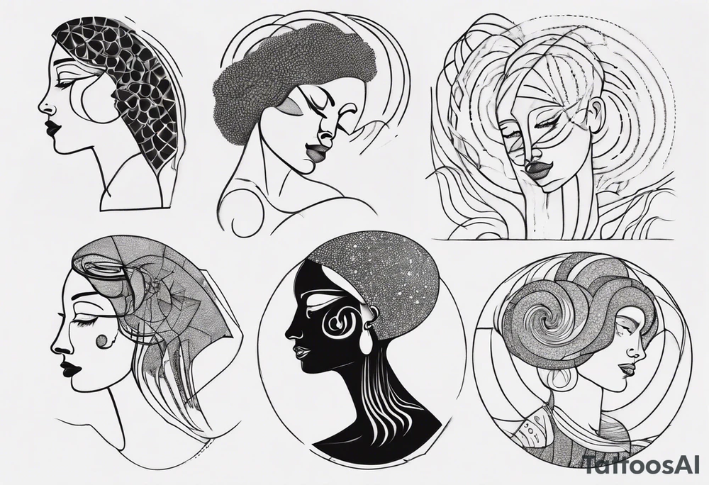 Abstract fine line woman dotwork tattoo idea