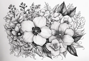 Floral Bouquet with blue hydrangea, Gladiolus, Poppy, Daisy, Sweet Pea, Narcissus, Poinsettia, and Holly with Asher & Emmersyn written in it tattoo idea