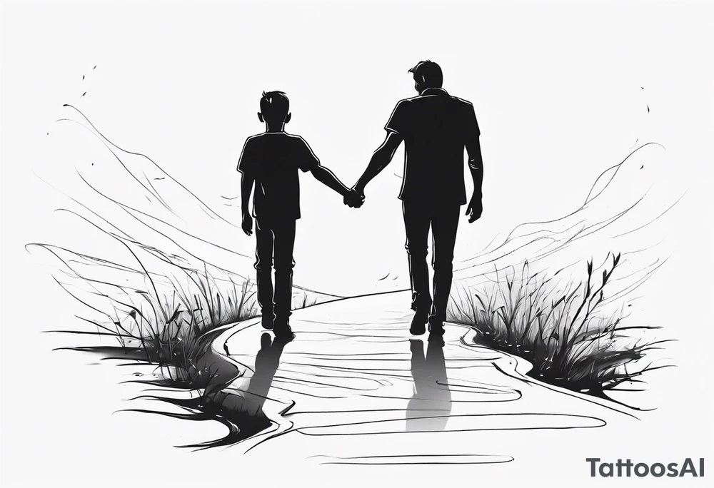 father and son walk away holding hands, one line tattoo idea father and son walk away holding hands, one line tattoo idea
