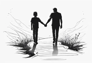 father and son walk away holding hands, one line tattoo idea