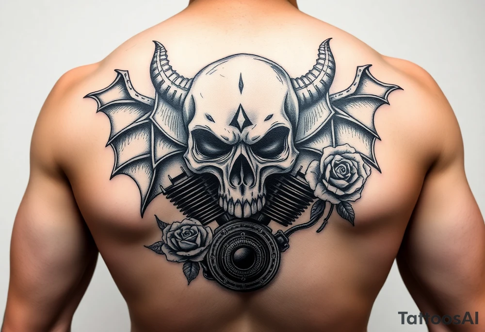 full back with demon Skull and motorcycle engine with
 roses tattoo idea