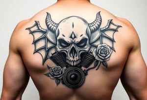 full back with demon Skull and motorcycle engine with
 roses tattoo idea