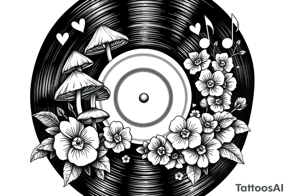 vinyl record with mushrooms, flowers, hearts, and music notes tattoo idea