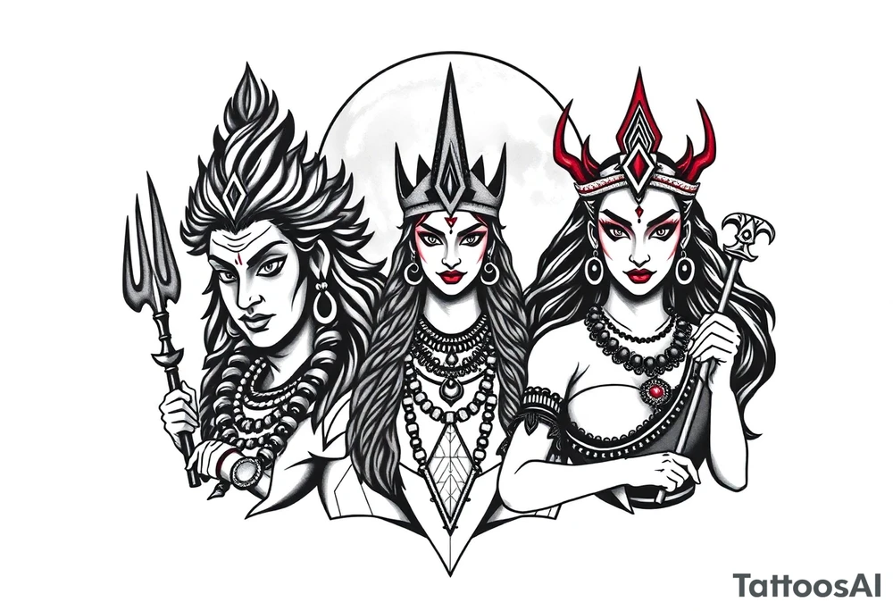 Lord Shiva, Godess Kali, Godess Lilith Together with the moon in the background tattoo idea