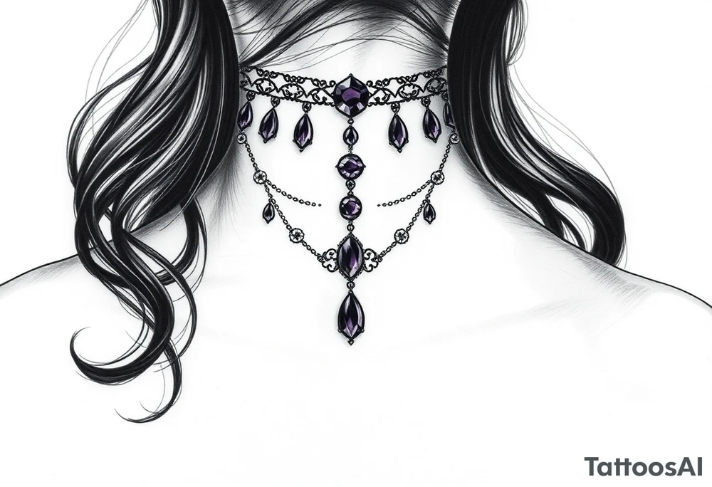 Gothic jewelry draping fine line with amethyst jewels around the front of the neck extending down the chest onto the left shoulder on a woman tattoo idea