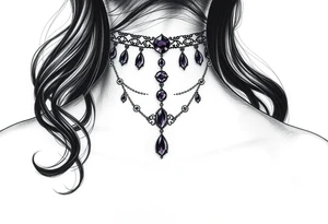 Gothic jewelry draping fine line with amethyst jewels around the front of the neck extending down the chest onto the left shoulder on a woman tattoo idea